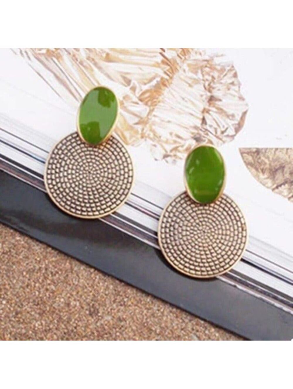 70s Retro Green Bronze Enamel Earrings